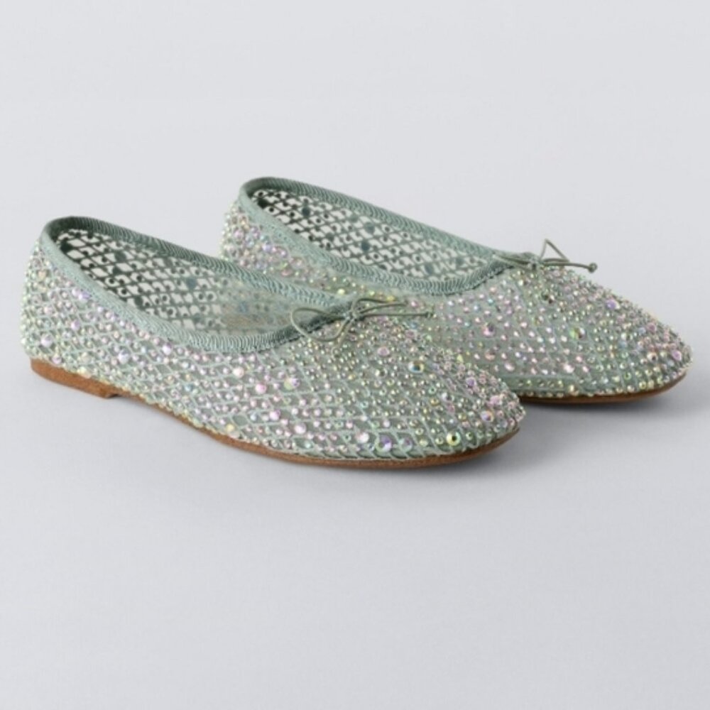 Zara Girls Rhinestone Embellished Green Ballet Flats